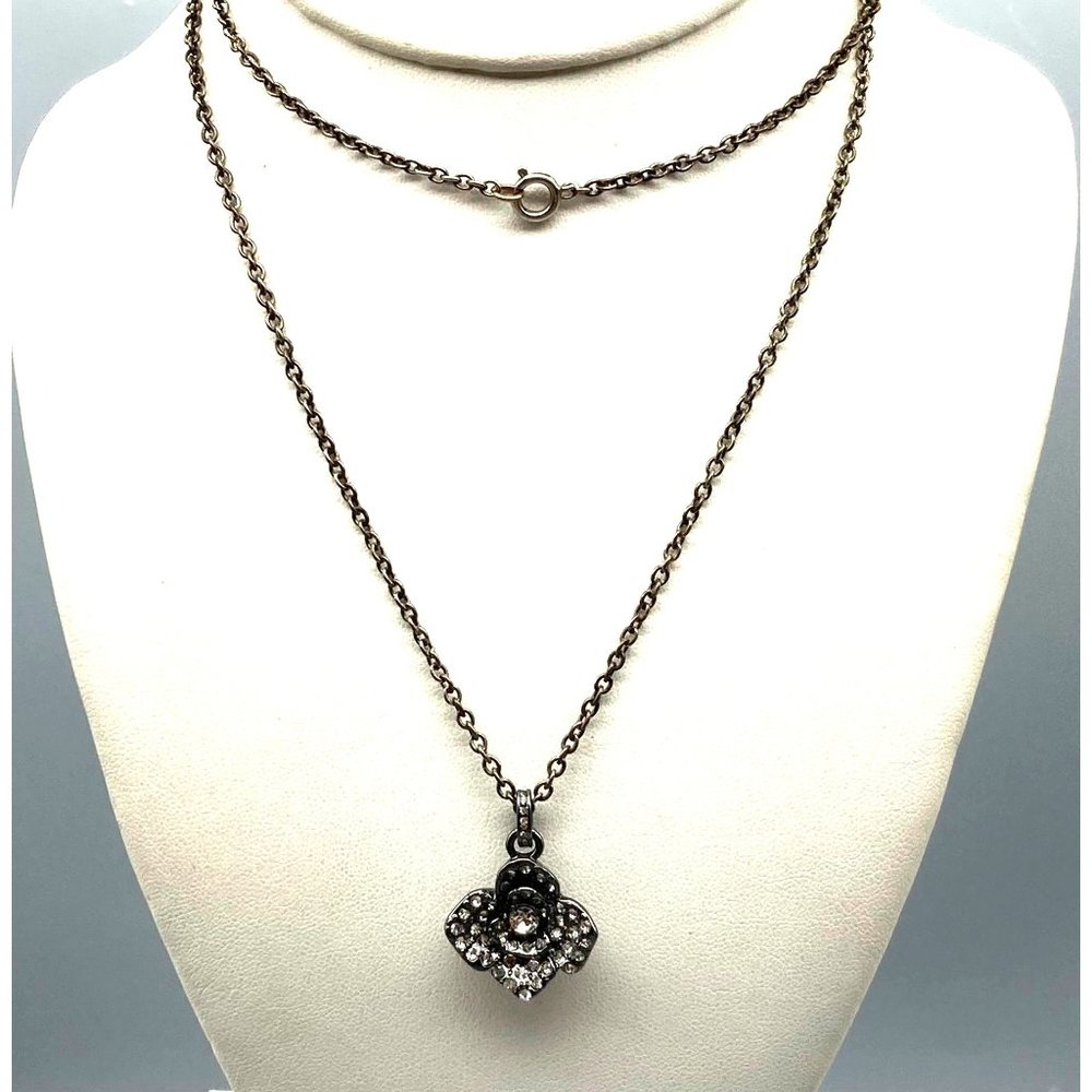 Gunmetal Floral Pendant with Clear Pave Crystals on Long Chain Necklace